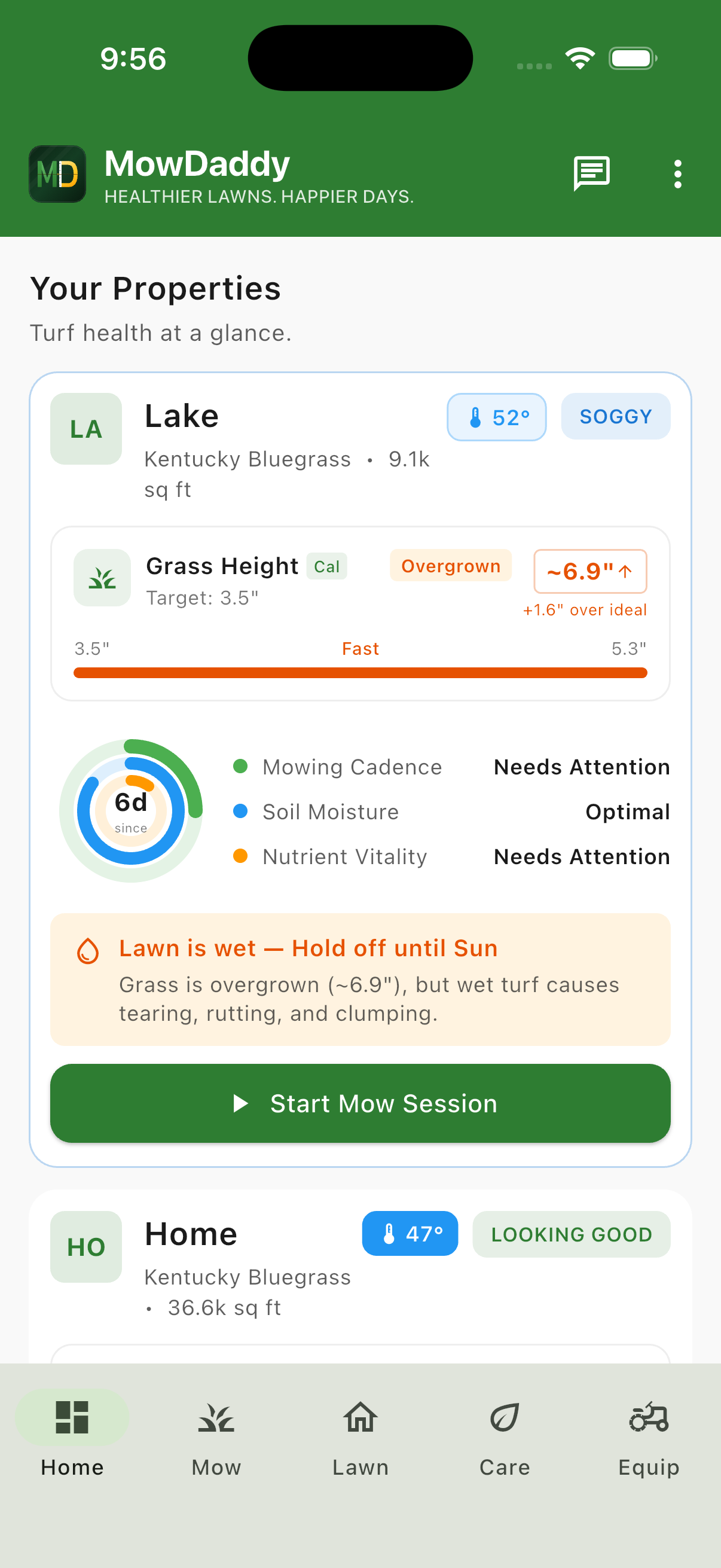 MowDaddy mobile home screen showing property health, grass height, soil moisture, and mowing guidance